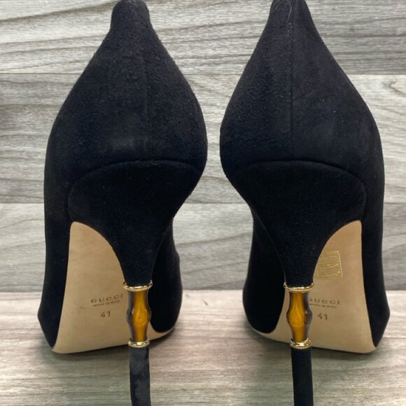Gucci Black Suede Bamboo Heel Peep Toe Pumps Size 41 with Box - Picture 6 of 11